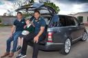 Saracens players Kelly Brown and Billy Vunipola with Declan Sharp