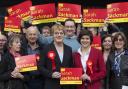 Eddie Izzard and Sarah Sackman outside The Bohemia with Labour supporters