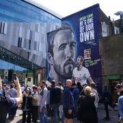 The Harry Kane mural is photographed by fans prior to Tottenham against Brentford. Picture: JOHN WALTON/PA
