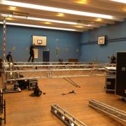 Television crews yesterday began setting up at the Woodside Grange Road school’s gym. Pic tweeted by Finchley Catholic High School.
