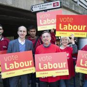 Lord Adonis with Labour's candidate for Hendon, Andrew Dismore, and party activists in Mill Hill