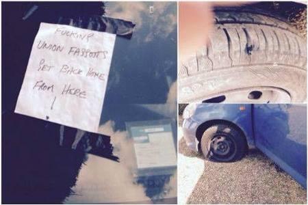 The vandals dug a nail into his tyre and left an abusive note on his car