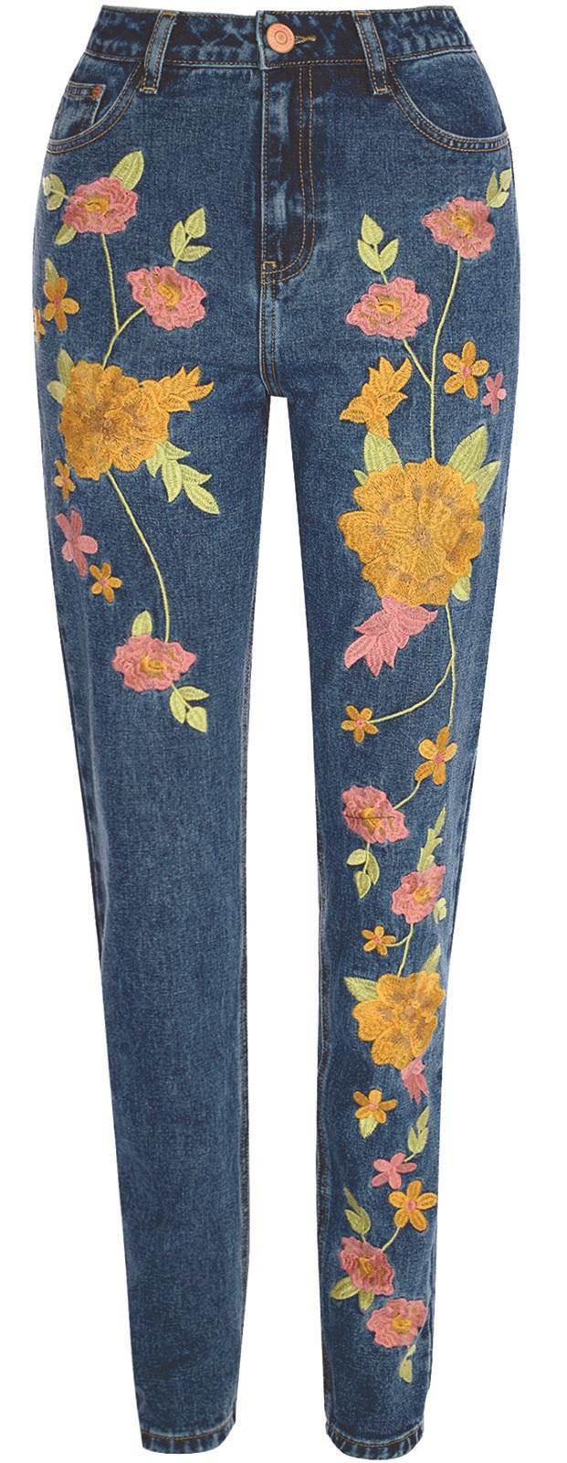 Glamorous, Mid Blue Floral Embroidered Jeans, £40