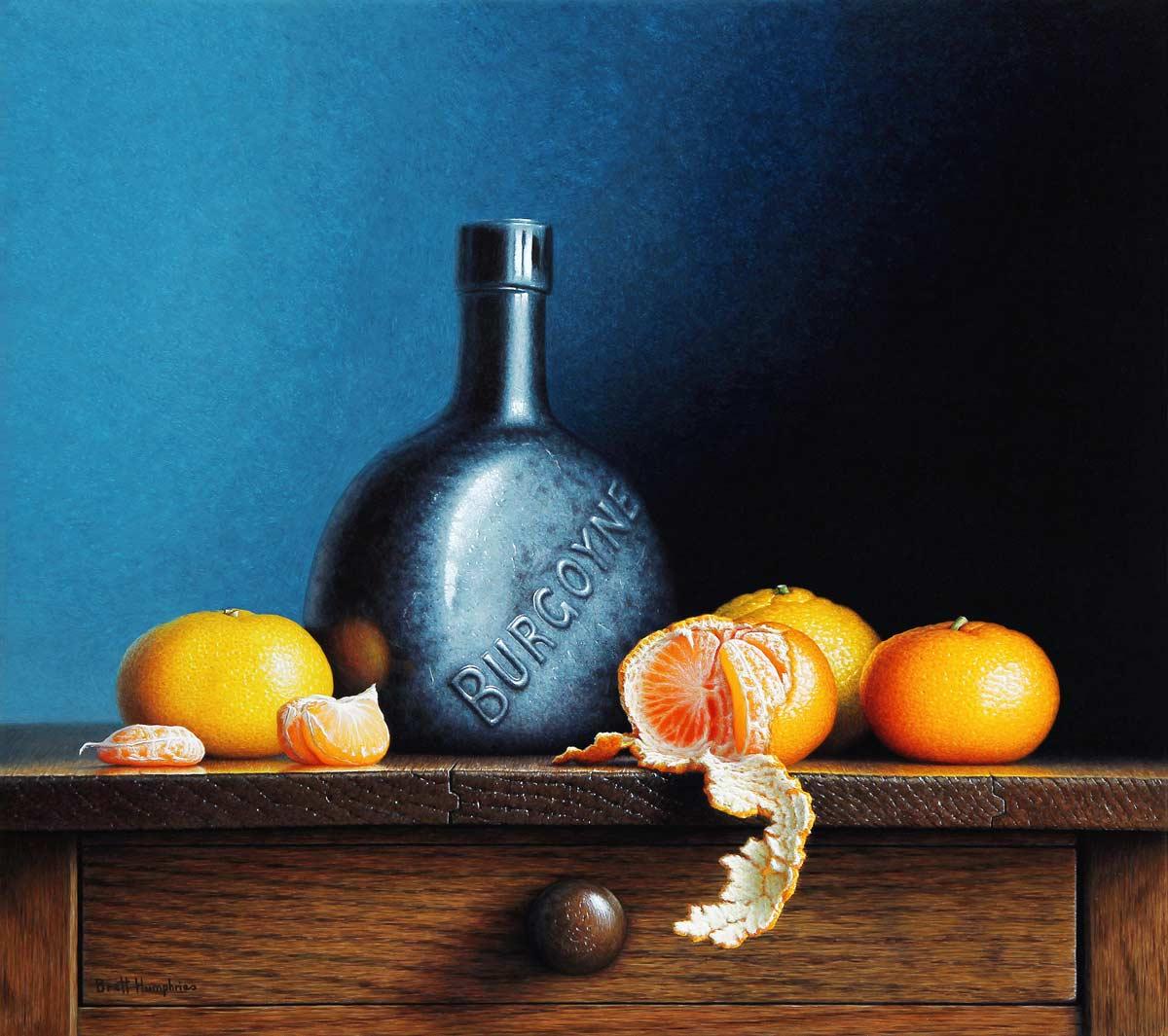 Brett Humphries, Bottle and Clementines - acrylic on board