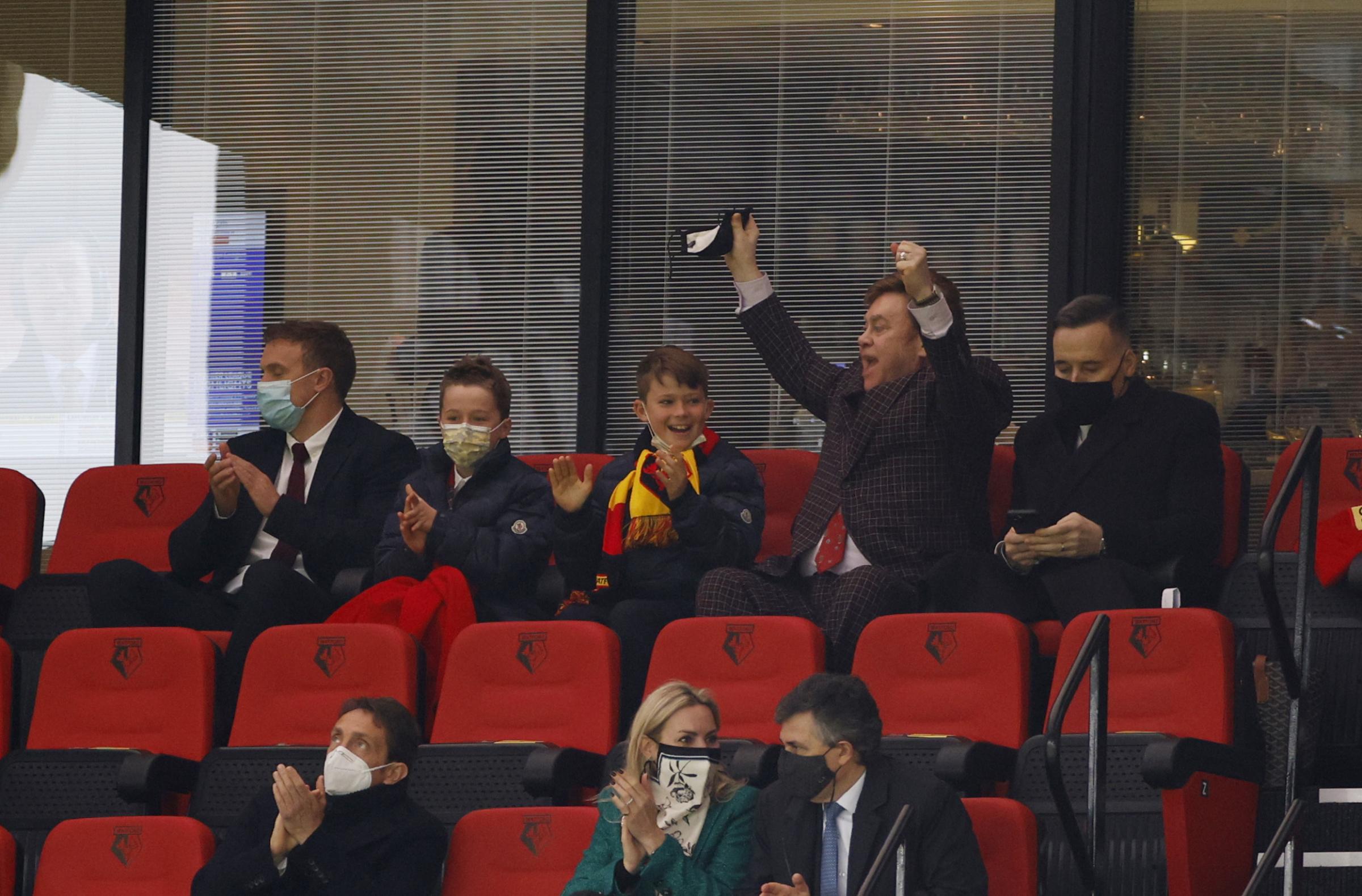 Sir Elton John celebrates Watford’s first goal from the directors box. Photo: Action Images