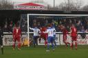 Sam Youngs scrambles home Enfield Town's first goal against Brightlingsea Regent. Picture: Phil Davison