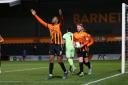 Barnet's Nicke Kabamba celebrates his third goal against Boreham Wood