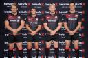 Saracens players showcase the 2017/18 kit which will feature Betsafe