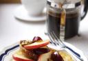 Pain perdu with caramelised Pink Lady apple wedges, plums and walnuts