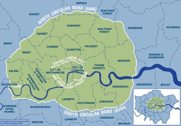 Times Series: The current ULEZ boundary, up to but not including the North and South Circular roads. Credit: Transport for London
