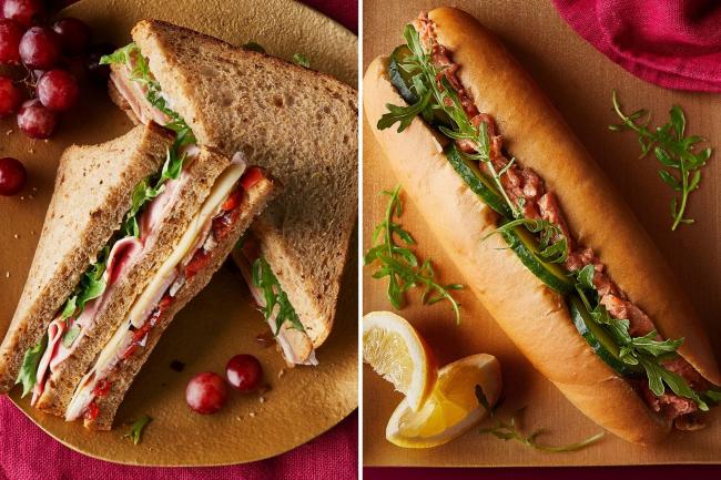 Photos by Waitrose of the 2021 Christmas sandwich range. Pictured left, The Club and Vegan No Lobster Marie Rose Roll, right.