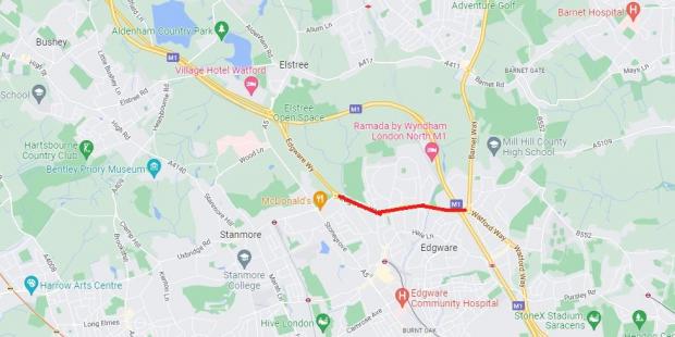 Times Series: This section of A41 Edgware Way, in red, is facing lane closures over the coming months that TfL warns will cause 'significant' disruption. Credit: Google Maps