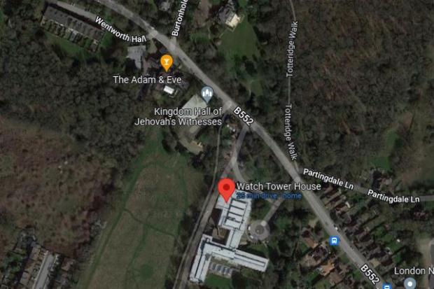 Times Series: Marked on the map is Kingdom Hall and Watch Tower House that form the development site in The Ridgeway in Mill Hill. Credit: Google Maps