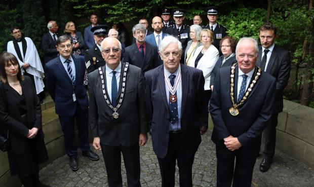 Times Series: From left to right, front row, are Deputy Mayor of Hertsmere, Cllr John Graham; Deputy Lord-Lieutenant of Hertfordshire, Colonel Kevin Fitzgerald, and Chairman of Hertfordshire County Council, Cllr Seamus Quilty