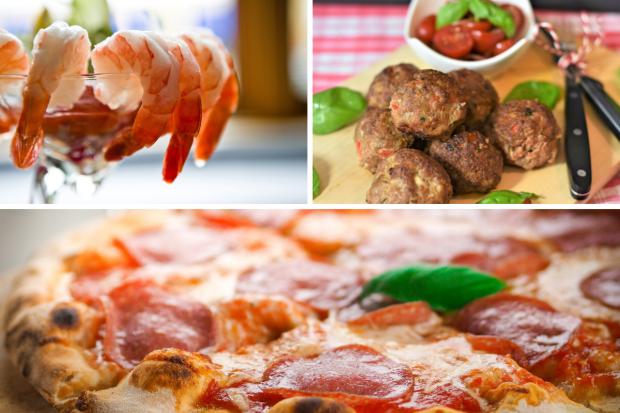 Times Series: (Top left clockwise) Prawn cocktail, Meatballs, Pizza. Credit: PA/Canva