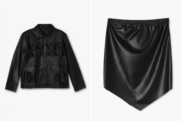 Times Series: (Left) Fringe Faux Leather Jacket and (right) Pointed Hem PU Mini Skirt in black (Boohoo/Canva)