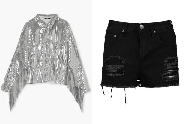 Times Series: (Left) Sequin Fringe Detail Shirt and (right) Petite High Rise Distressed Denim Shorts (Boohoo/Canva)