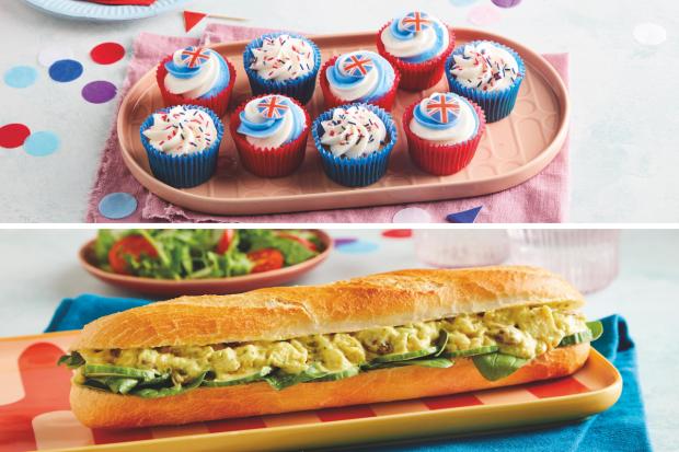 Times Series: (Top) Jubilee Cupcake Platter (bottom) Coronation Chicken Baguette (Morrisons/Canva)