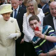 Theresa Villiers (top left) with Queen as a teenager takes a selfie at St George's Market in Belfast, Northern Ireland