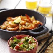 Garlic and chilli prawns with Pink Lady, avocado and lime salsa