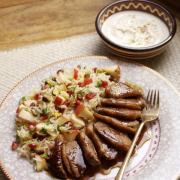 Pink Lady apple Persian jewelled rice with pan-seared pomegranate duck