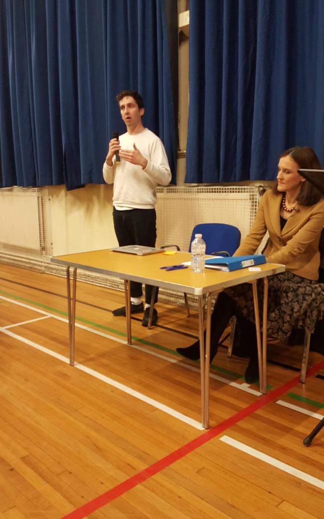 Culainn Boland Shanahan and Theresa Villiers MP at a public meeting at Christ Church, Barnet